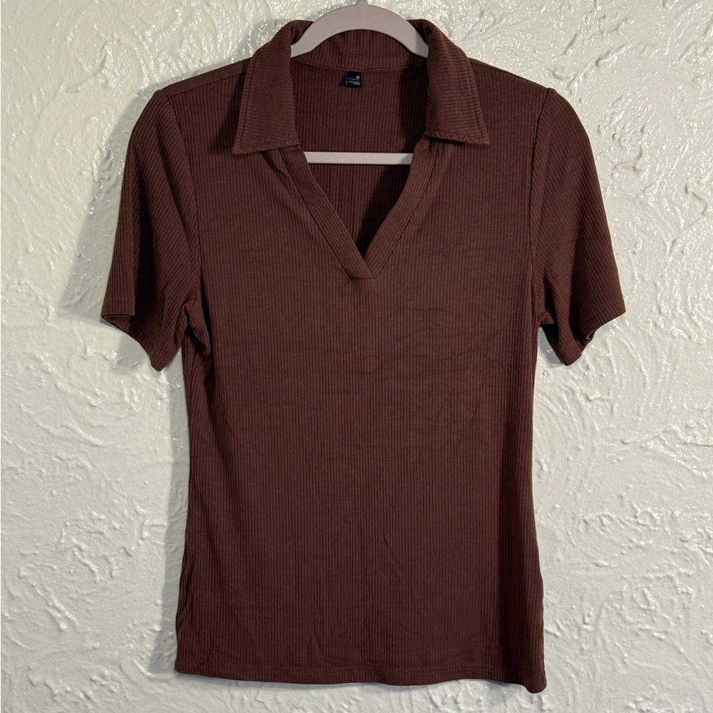 Brown Ribbed Women's Polo Style Italian Top